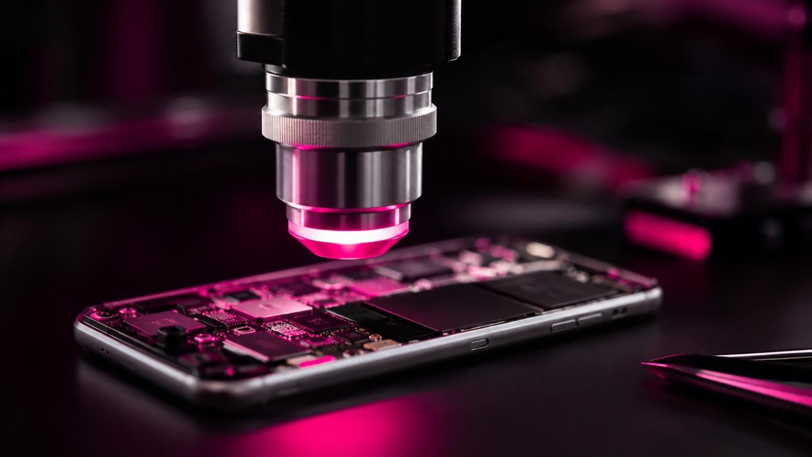 Lentilă de microscop deasupra unei plăci de telefon